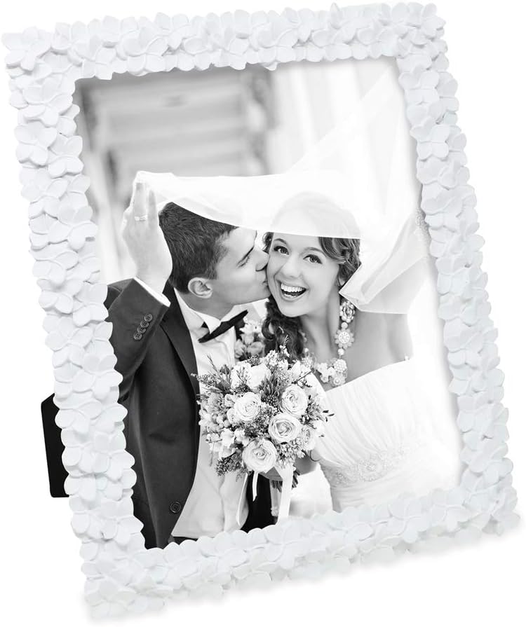 Laura Ashley 8x10 White Flower Textured Hand-Crafted Resin Picture Frame w/ Easel & Hook for Tabletop & Wall Display, Decorative Floral Design Home Décor, Photo Gallery, Art (8x10, White) -