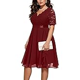 Talisea Plus Size Wedding Guest Dress - Formal Cocktail Party Ruffle Elegant Tea Length Lace Chiffon V Neck Midi Dresses