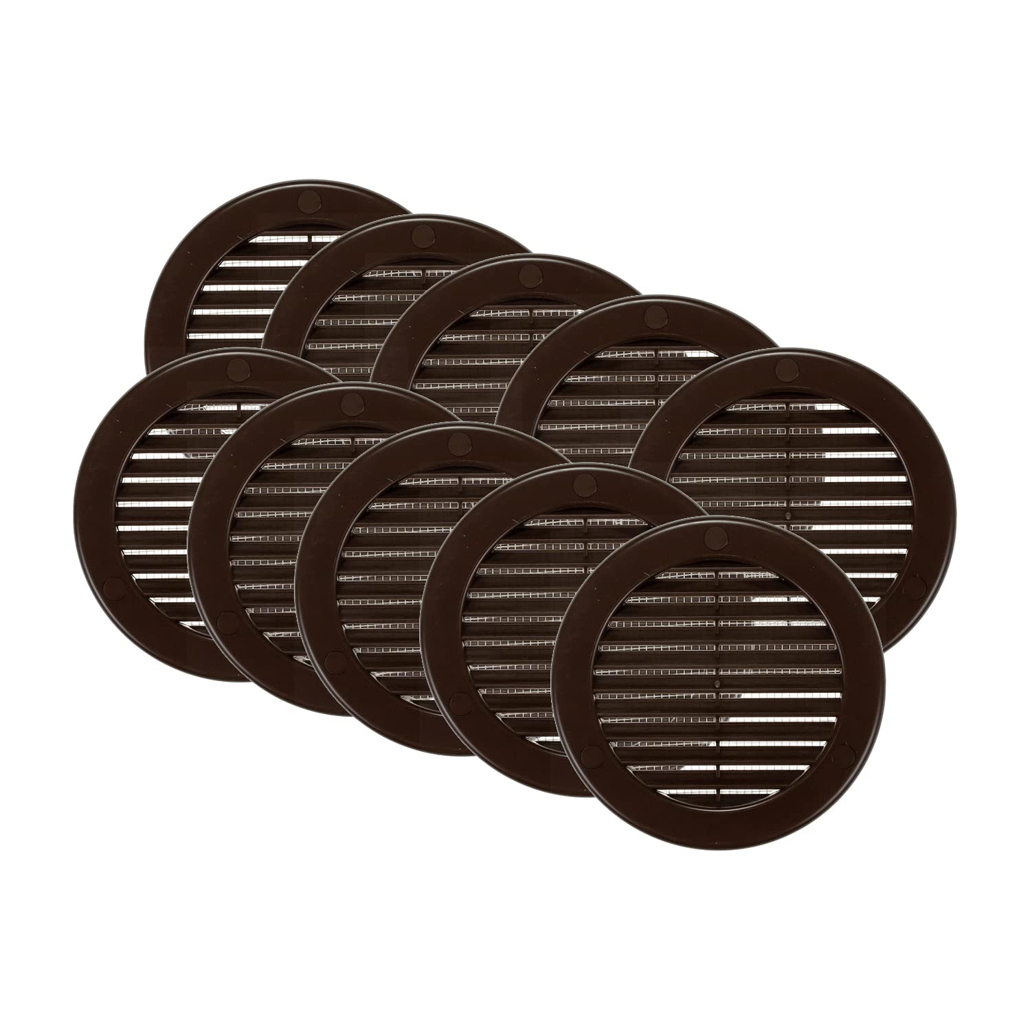 Vent Systems 100 mm / 4'' Inch Brown Soffit Vent Cover - Pack of 10 - Round Air Ventilation Louver - Grille Cover with Built-in Mesh Screen - HVAC Vents for Bathroom Kitchen Home - Indoor & Outdoor