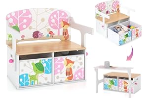 HONEY JOY Kids Table and Chair Set, 3-in-1 Convertible Wooden Toy Storage Bench with Handle, 2 Bins for Kids Reading Nook, To