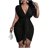 WDIRARA Women's Plus Size V Neck Sleeveless Bodycon Dress Ruched Twist Front Party Short Dress