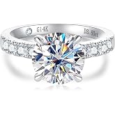 14K Solid Gold Side Stones Ring, Round/Princess Cut Centerpiece Moissanite Lab Grown Created Diamond, D Color and Flawless Real Gold Wedding Anniversary Ring