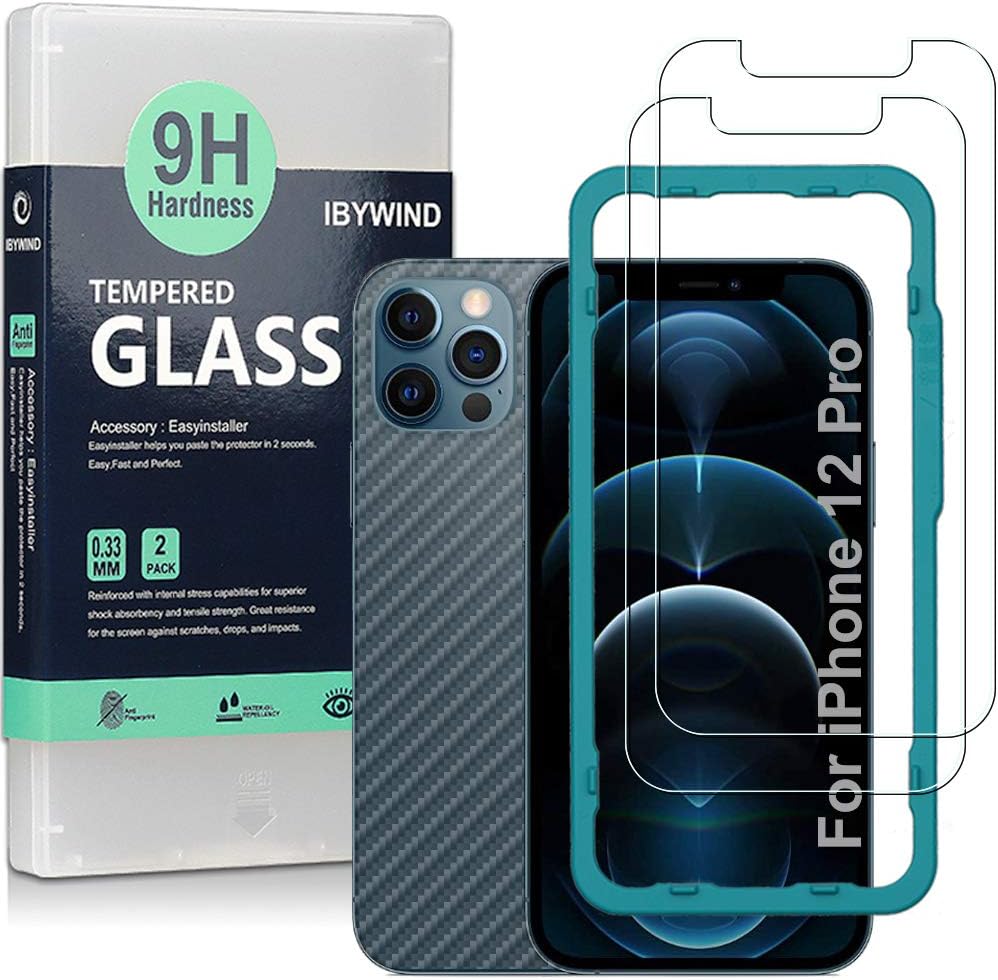Ibywind Screen Protector for iPhone 12/12 Pro (6.1"), [Pack of 2] with Back Carbon Fiber Skin Protector,Including Easy Install Kit