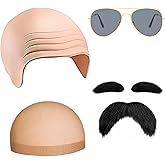 CZFSWT 4 Pcs Bald Cap Costume Accessories Set for Role Play, Bald Caps Bald Wig, Halloween Party, Stage Performance, Includes Bald Cap, Glasses, Hair Net, Fake Mustache