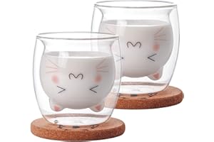 Bgbg Cute Cat Coffee Mug Set of 2, Double Wall Glass Tea Cup Milk Glass Cup Clear Insulated Espresso Mug with Coaster Interesting Gift for You
