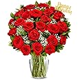 From You Flowers - Two Dozen Red Roses with Birthday Pick with Glass Vase