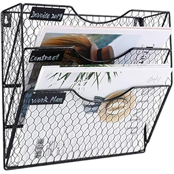 PAG Wall File Holder Hanging Mail Organizer Metal Chicken Wire Wall Mount Magazine Rack, 3-Tier, Black