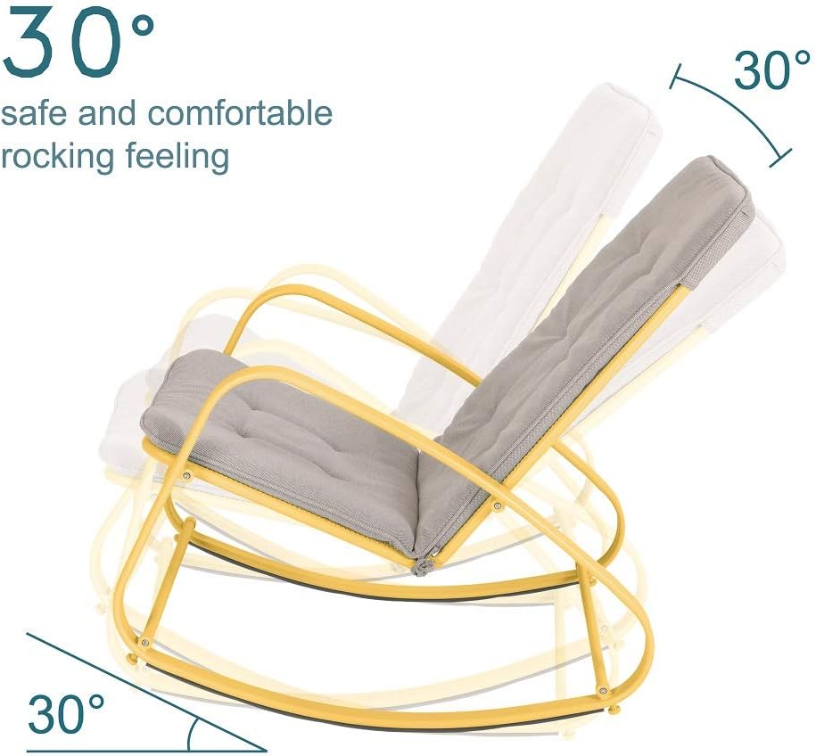 PHI VILLA Outdoor Patio Metal Rocking Chair, Padded Modern Rocker Chairs with Cushion, Support 300lbs for Porch, Deck, Balcony or Indoor Use (1 Pack, Yellow): Furniture & Decor
