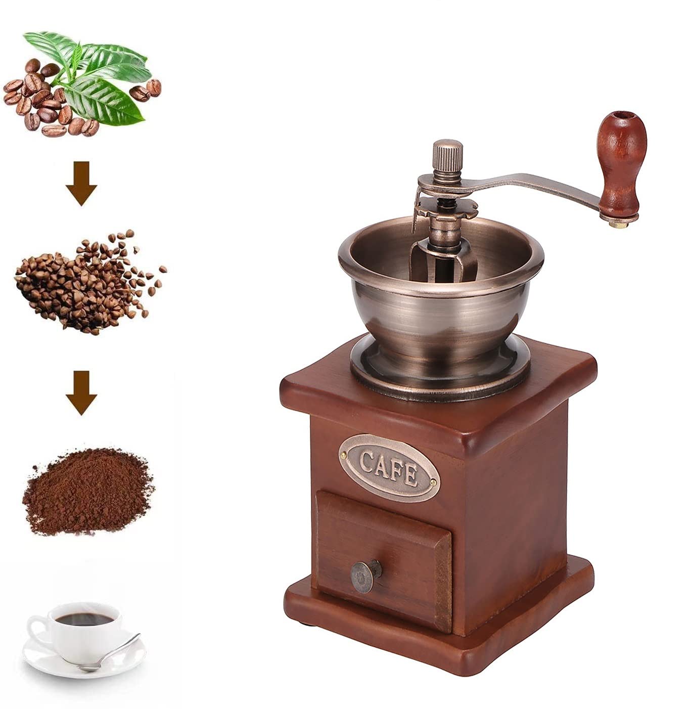 DEECOZY Manual Coffee Grinder, Vintage Antique Wooden Hand Grinder with Adjustable Gear Setting and Ceramic Conical Burr