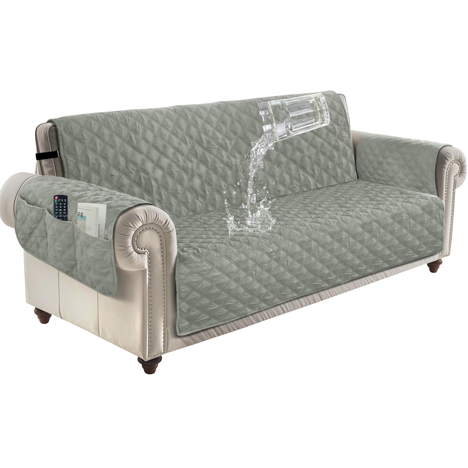 ZenDen Sofa Covers 100% Waterproof Sofa Slipcovers 3 Seater, Non Slip Cover for Kids/Dogs/Pets, Washable Sofa Protector with Elastic Strap, Light Grey