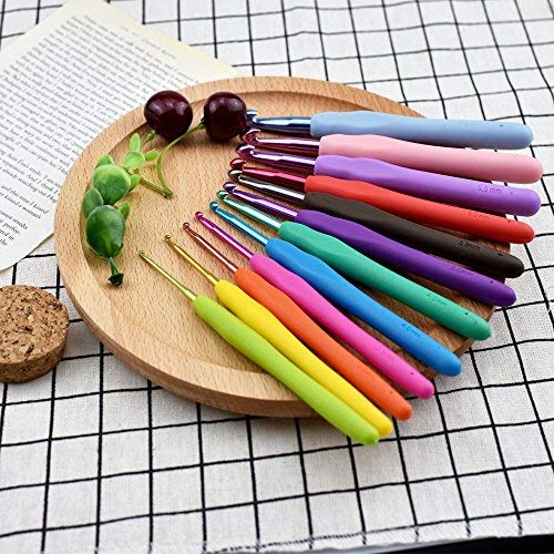 KOKNIT 12pcs Rainbow Color Ergonomic Soft Handles Grip Aluminum Crochet Hooks Set Smooth Knitting Needle 2.0mm-8.0mm for Arthritic Hands Any Size Yarn Pattern