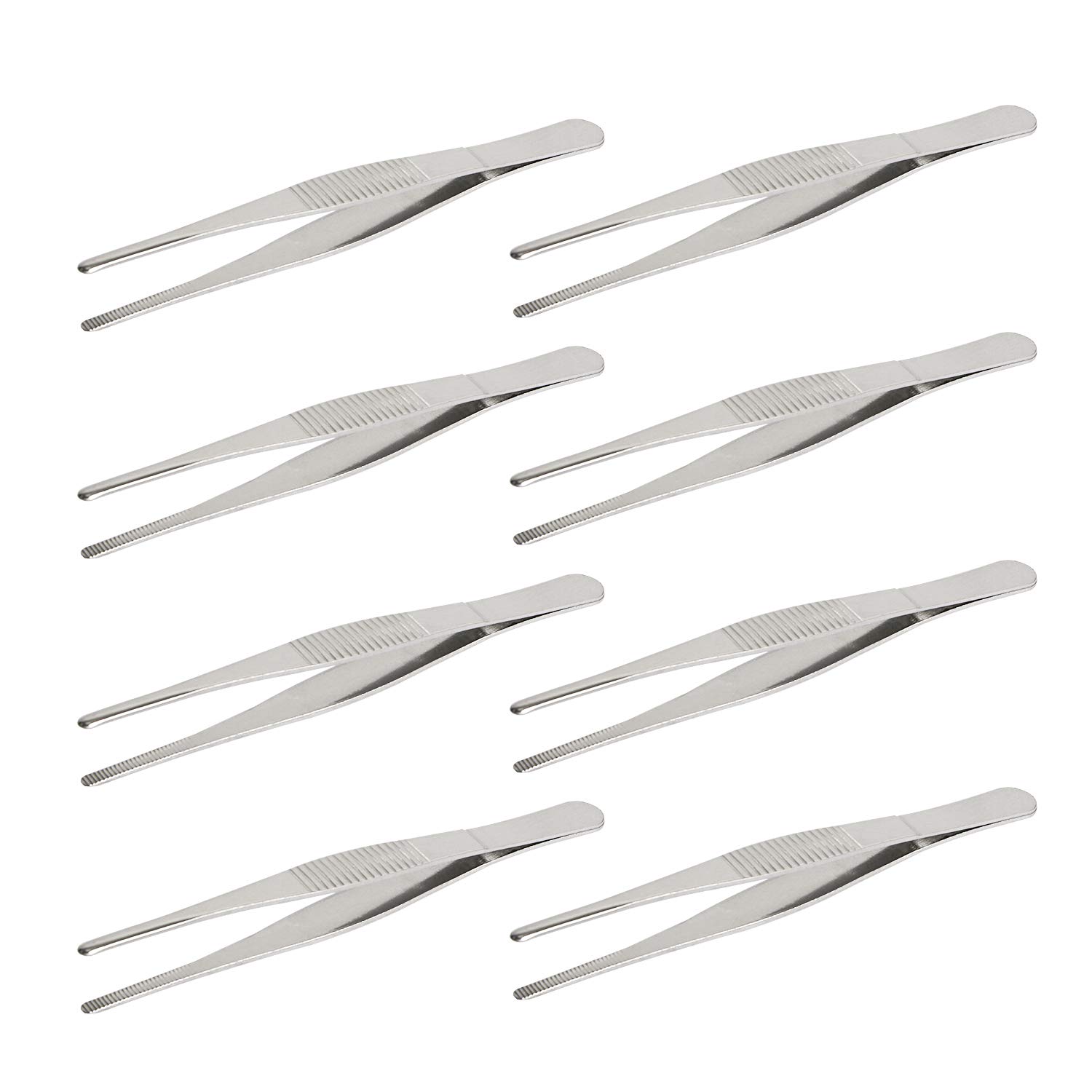 Aoje-Link Stainless Steel Straight Blunt Tweezers, Horizontal Serrated Tips, Used for Repairs, barbecues, Auxiliary Tools, Silver, 8pcs