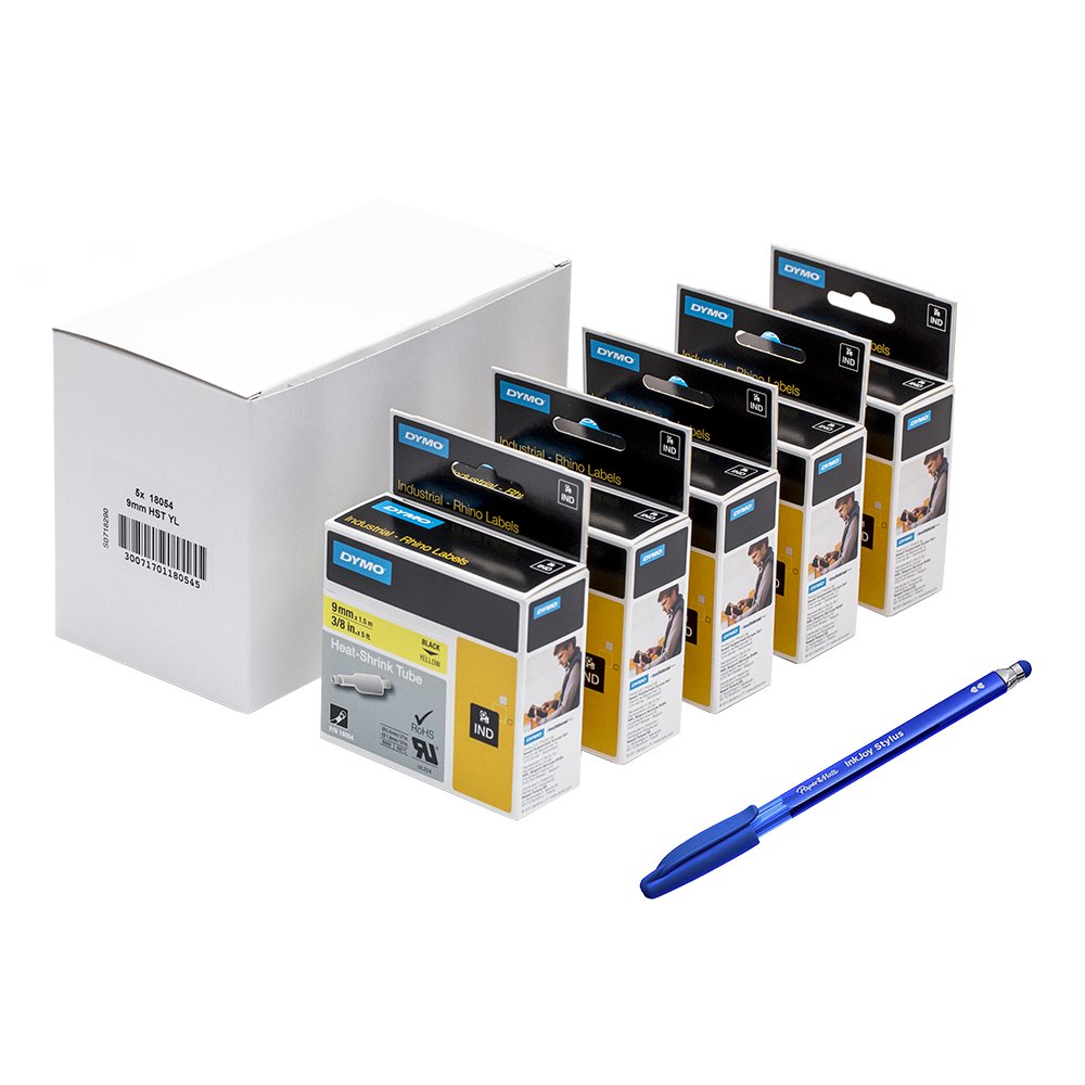 5 x Dymo 18054 Rhino Industrial Labels Heat Shrink Tube 9 mm x 1.5 m - Black on Yellow + PaperMate Pen Gift