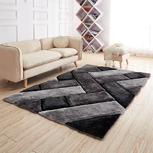 Buy NEW BLACK SILVER GREY TILES DESIGN LUXURIOUS THICK PILE RUG MODERN