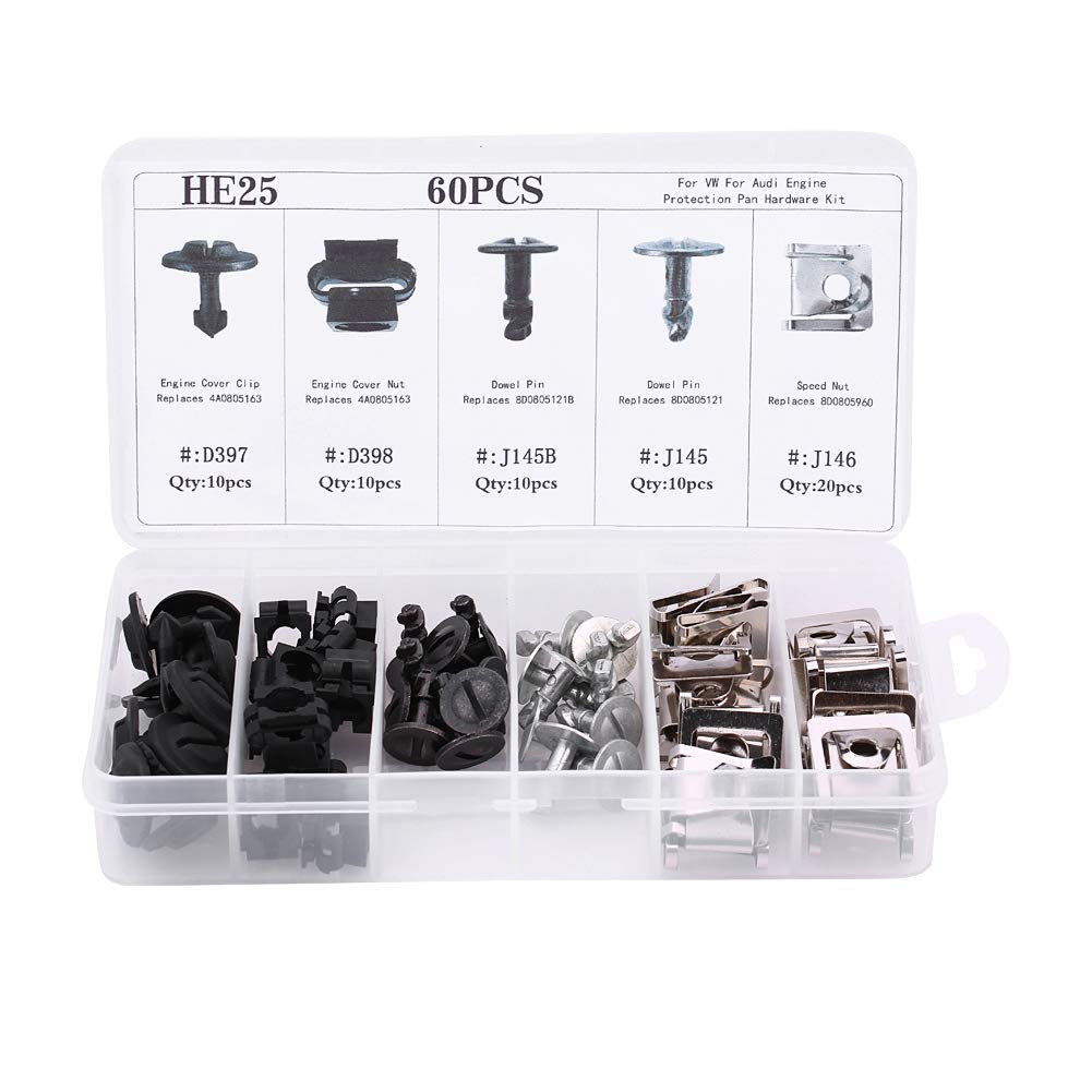 Aramox Engine Undertray Cover Fixing Clips, 60pcs, 5 Types, Black and Silver, Plastic, Universal Fit, Bottom Shield Trim