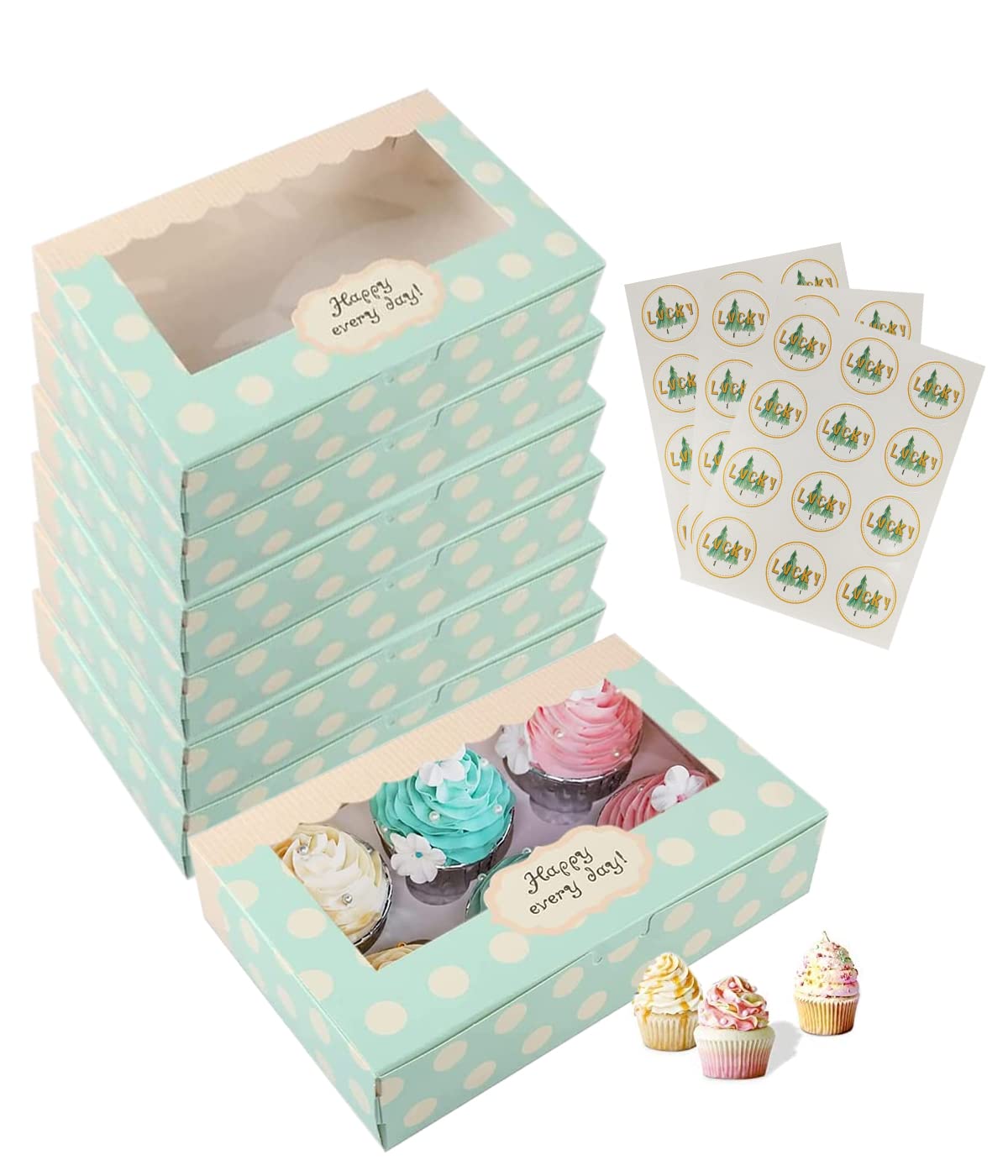 Reccisokz 12Pcs Cake Boxes with Window Cavities Paper Cupcake Boxes Cookie Boxes Cupcake Pastry Packaging Gift Bakery Boxes Container Set, Can Effectively Hold 6 Cupcakes (8.2 x 5.3inch/21.5 x13.5cm)