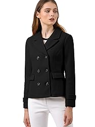 Allegra K Women's Notched Lapel Double Breasted Pea