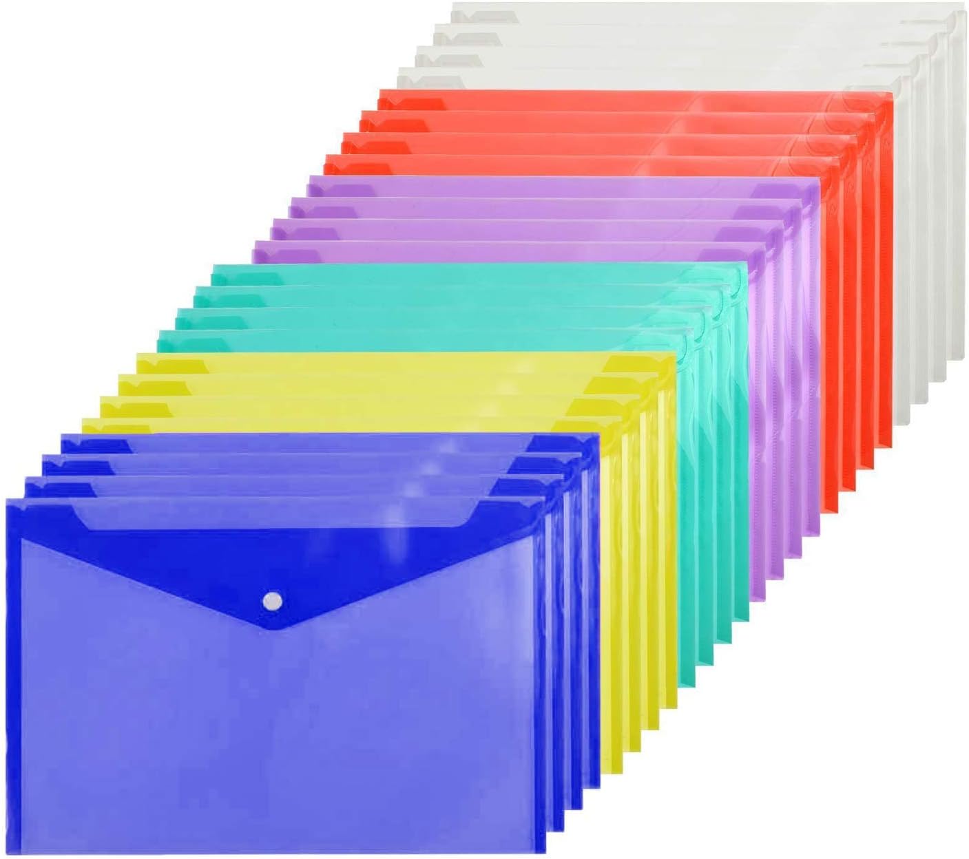 Cooldool 30 Pcs Poly Envelope Folder with Snap Button Closure, Premium Quality Plastic Envelopes,Waterproof Transparent Project Envelope Folder, A4 Letter Size in 6 Assorted Colors