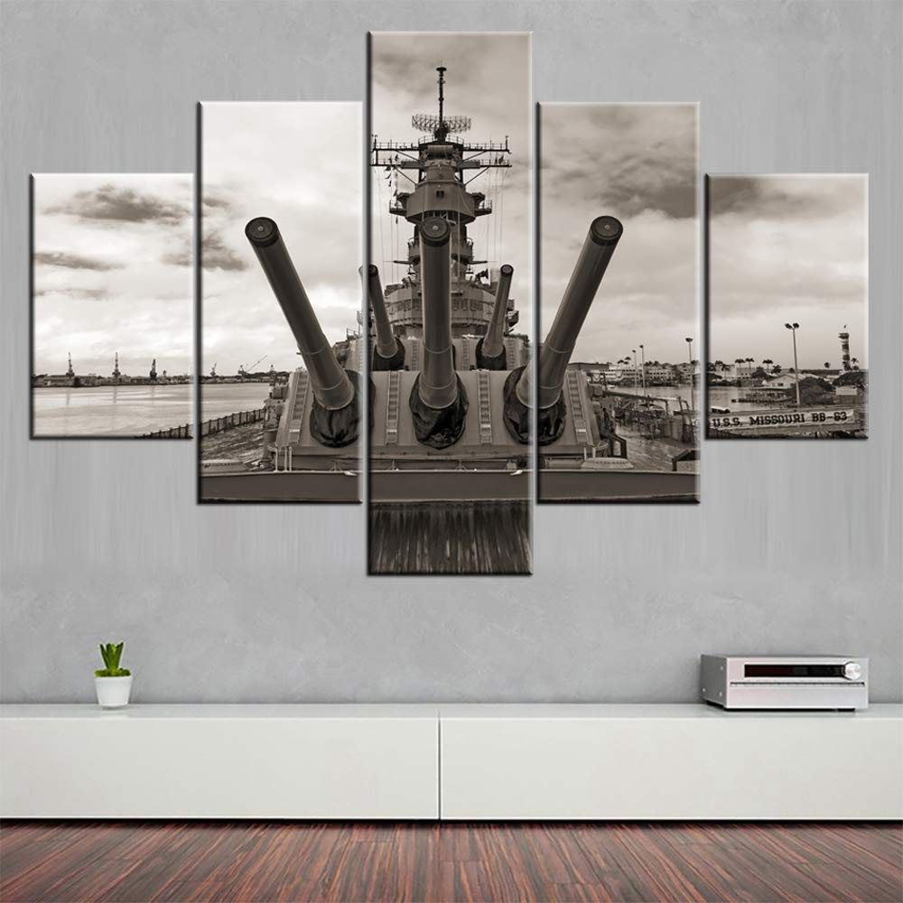 Canvas Art Wall Decor Battleship in the WWII Paintings Boat Ship Berthed in Pearl Harbor Pictures 5 Piece Premium Quality Prints Artwork House Decorations Framed Stretched Ready to Hang(60''Wx40''H)