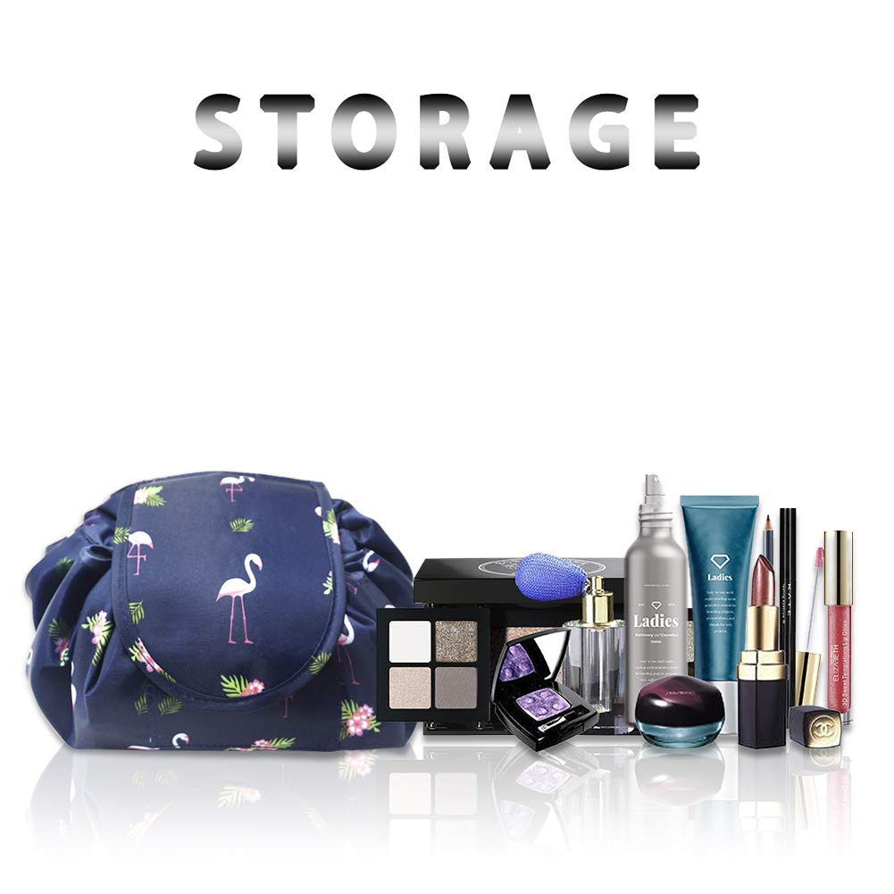 Lazy Drawstring Make up Bag Portable Large Travel Cosmetic Bag Pouch Travel Makeup Pouch Storage Organiser for Women Girl (Navy Flamingo)