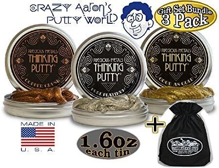 Crazy Aaron's Thinking Putty Precious Metals Gift Set Bundle Including "Good as Gold", "Copper Crush", "Pure Platinum" &amp; Bonus "Matty's Toy Stop" Storage Bag - 3 Pack
