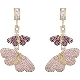 Pink CZ Butterfly Dangle Earrings for Women 925 Sterling Silver Post Shiny Rectangle Rhinestone Crystal Double Tassel Butterflies Insect Animal Drop Dangling Earring Delicate Statement Jewelry Gifts
