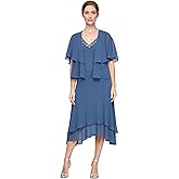 S.L. Fashions Womens Midi Length Beaded V-Neck Tiered Dress with Cascade JacketSpecial Occasion Dress