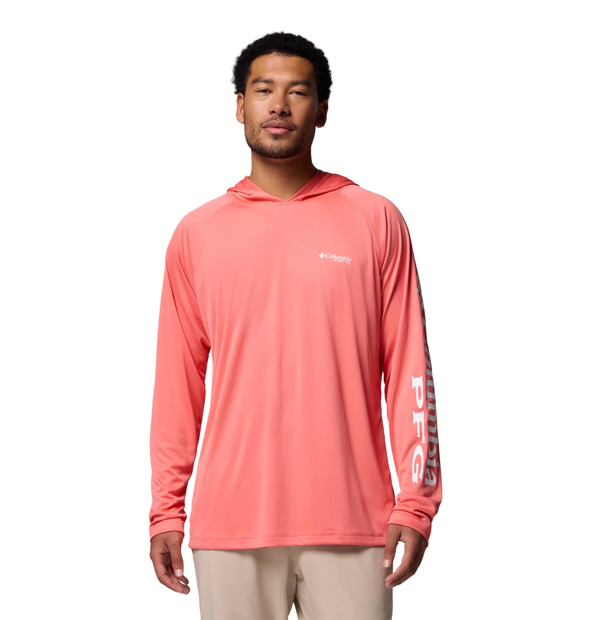 Columbia Mens PFG Terminal Tackle Long Sleeve Fishing Hoodie, Melonade/White Logo, Large Image