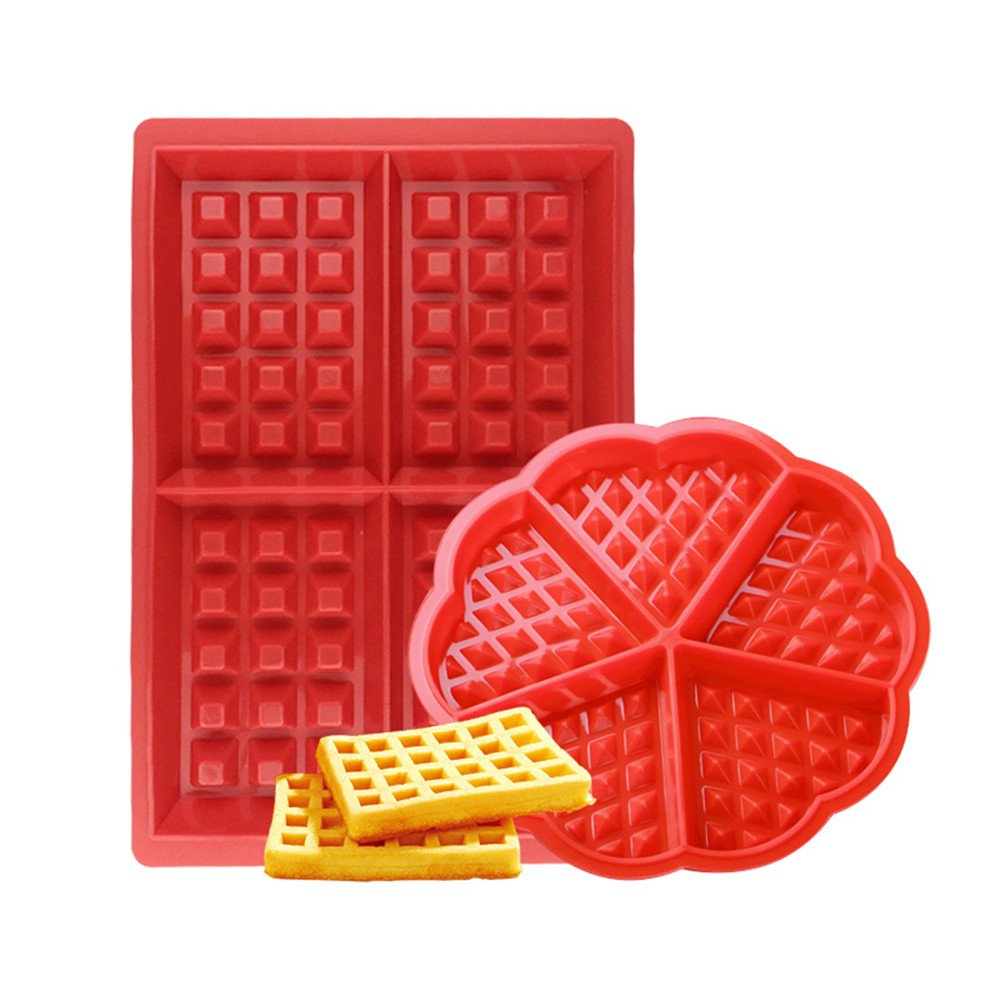 Febbya SB-122_SML Waffle 2 Pack Non-Stick Silicone Mould Set for Children Muffins Biscuit Cooking Kitchen Baking Rectangular and Heart-Shaped Red, Silica Gel