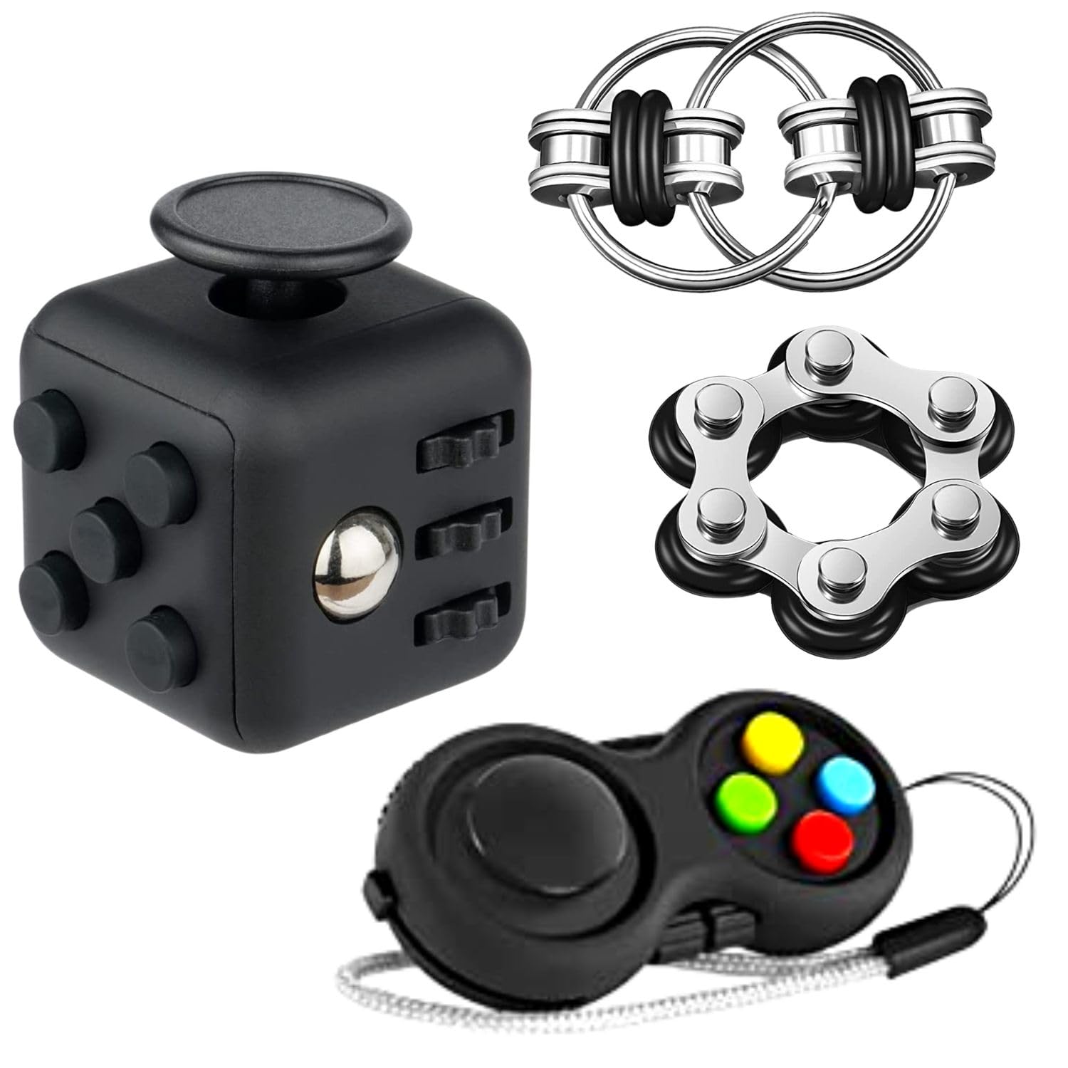 Yeefunjoy 4PCS Fidget Toy Sensory Toy Set, Fidget Toy Cube Toy, Fidget Pad, Six Roller Chain & Key Flippy Chain for ADHD, ADD, Autism, Anxiety Relief Birthday Gifts for Kids Adults, All Ages (Black)