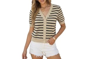 Women's Striped Short Sleeve Cardigan Sweater Top V Neck Button Down Cropped Knit Shirt,