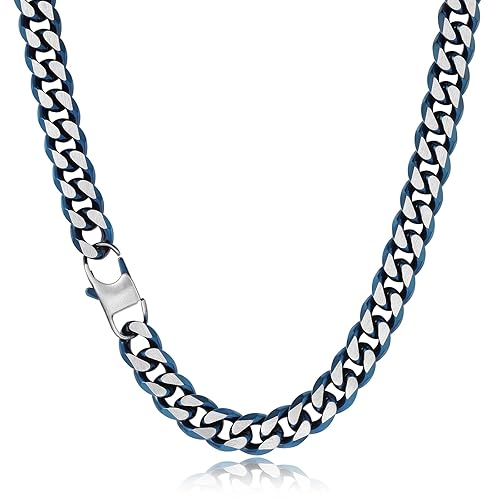 BAMIKI 10MM Men's Blue Chain Stainless Steel Cuban Link Chain