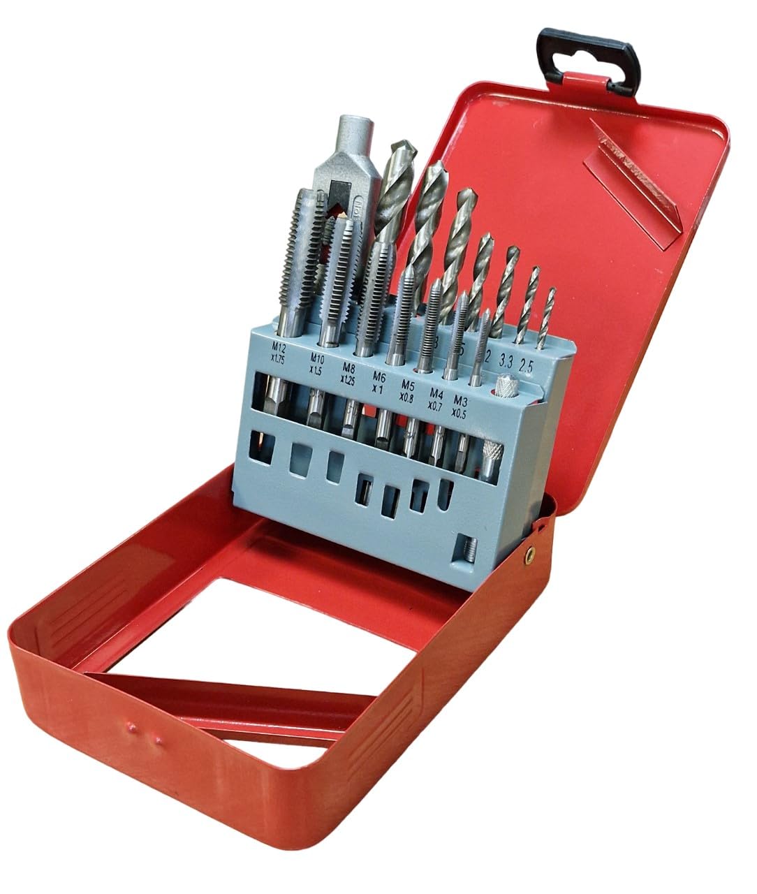 PTI 15pcs Threading Taps Set Metric M3-M12 Alloy Steel Hand Thread Repair Tools with Tap Wrench, HSS Twist Drill Bits Heavy Duty Jobber Drills Kit 2.5-10.2mm in Red Metal Storage Case