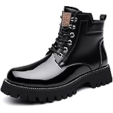 NXNBHSL Men'S Leather Platform Combat Ankle Boots Fashion Comfort Side Zipper Round Toe Lace Up Chunky Lug Sole Non Slip Motorcycle Boots For Business Work