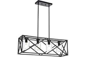 TODOLUZ 30.35” Dining Room Lighting Fixtures Hanging Black Finish 4-Lights Open Frame Farmhouse Chandelier Pendant Light for Kitchen Island Pool Table with Clear Glass