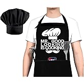 Funny Cooking Apron and Chef Hat Set for Men - Adjustable Bib Chef Apron for Men with 3 Pockets - BBQ Grill Apron for A Husband, Dad, Son, Grandfather Boyfriend Or Any Friend - Mr. Good...