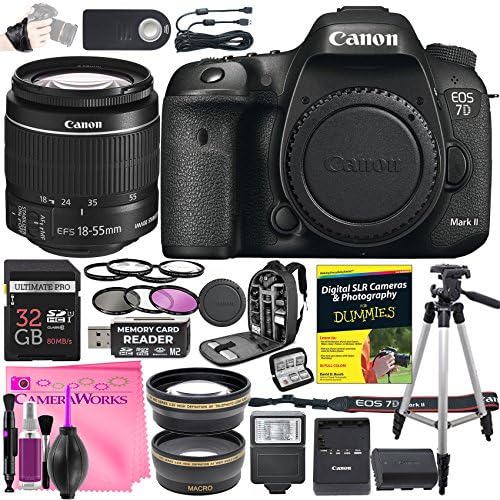 Canon EOS 7D Mark II Digital SLR Camera Deluxe Video Creator Kit with Canon EF-S 18-55mm f/3.5-5.6 IS STM Lens + 32GB SD Memory Card + Camera Works PRO Accessory Bundle