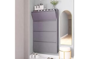 GREATMEET Steel Shoe Cabinet with 4 Flip Drawers, Wall Mount Metal Shoe Organizer for Entryway, Flip Drawer Steel Shoe Rack Cabinet for Indoor Shoe Storage(Grey, 4 FILP Drawers)