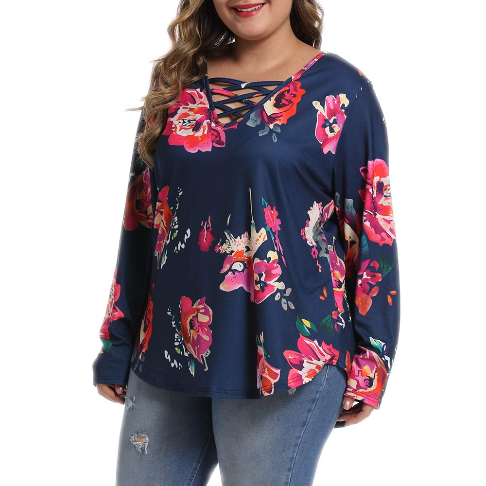 caidyny Womens Plus-Size Criss-Cross-Floral Tops, Causal Long Sleeve Sexy V-Neck Tunic Shirts Navy Blue