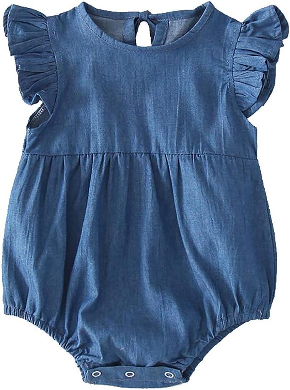 Slowera Baby Toddler Girls Boy Denim Ruffled Bodysuit Blue Soft One-Piece Romper