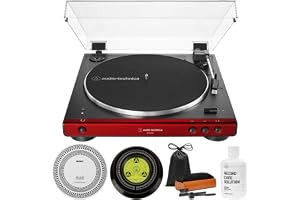 Audio-Technica AT-LP60XBT-RD Fully Automatic Belt-Drive Bluetooth Stereo Turntable, Red/Black Bundle with Record Care Solution, Deco Gear Cleaning Kit, Stroboscope and Record Stabilizer