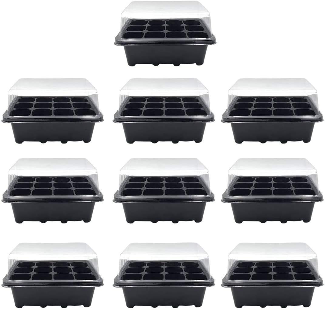 XSHION 10 Pack Seedling Starter Trays Plant Germination Kit, 12-Cell Per Tray Seed Starter Kit with Drain Holes, Dome and Base for Planting Seedlings, Greenhouse (Black)
