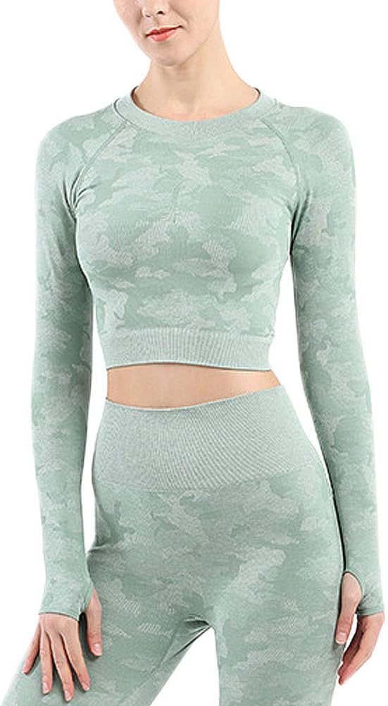 Womens Seamless Yoga Gym Crop Top Slim Fit Workout Running Shirts Long Sleeve with Thumbhole