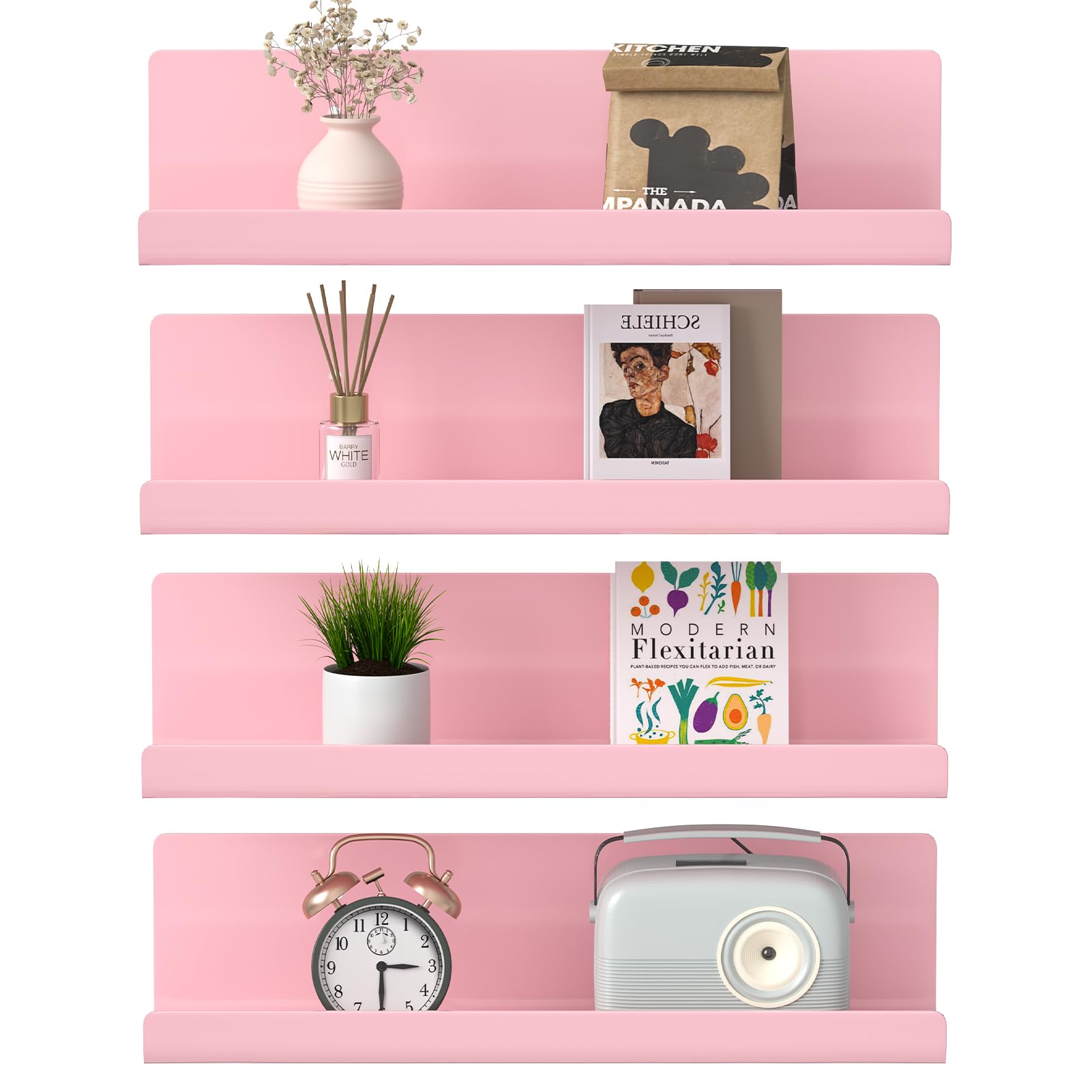 WELDUN Floating Shelves, Set of 4 Wall Mounted Shelf, Picture Ledge Display, Decorative Wall Shelves for Living Room, Bedroom, Bathroom, Kitchen, Home Office, Laundry room, Plastic, Pink