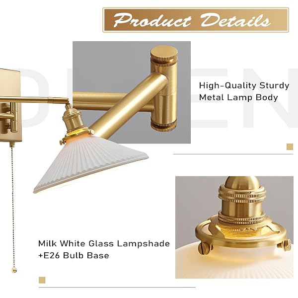 MAGIROZ WALL SCONCES SET OF 2 BRUSHED GOLD WALL MOUNTED SWING ARM LIGHT FIXTURE RETRO INDUSTRIAL HARDWIRED WALL LAMPS WITH PULL CHAIN BATHROOM VANITY SCONCES WALL LIGHTING INDOOR WALL LIGHTS MWL14A-2