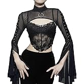 Women Goth Crop Tops Gothic Punk Fishnet Cover Up Bell Sleeve Shawl Mesh Bolero Shrug Cardigan