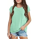 Imily Bela Girls Cap Sleeve Summer Tops Casual Crewneck Loose Tshirts with Pocket