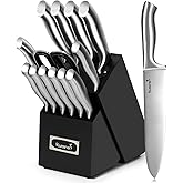 Kuisine Sharp Knife Set,One-piece Molding,Sharper Blade Ergonomic Non-slip Steel Handle,Block Knife Set Chef Knife Set with Built-in Sharpener(Black,15PCS)