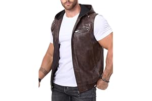 FANARCHER Men's Vintage Faux Leather Vest Jacket Zip-up Classic Hipster Vest with Hood Sleeveless Jacket