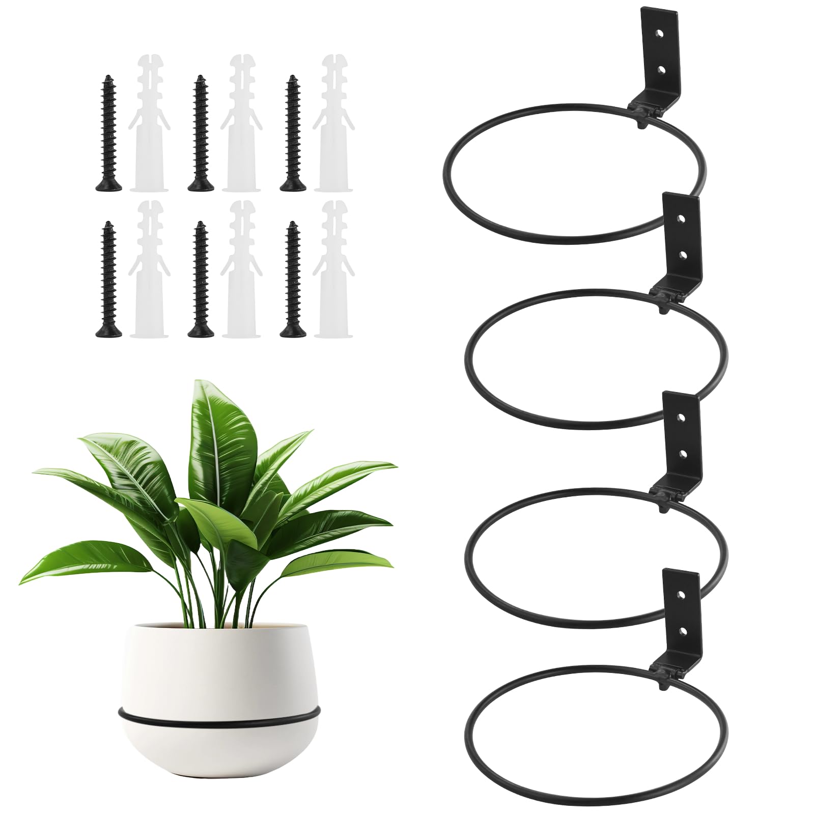EASYKEENECOM Wall Plant Pot Holder,Wall Planters for Indoor Plants, Foldable Heavy Duty Metal Wall Mounted Flower Pot Ring Holder Plant Hanging Bracket for Home or Garden (4 Pack)